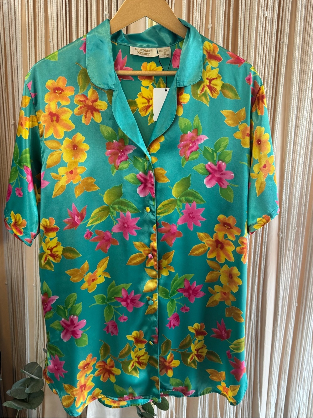Vintage Victoria’s Secret Gold Label teal Tropical Floral Satin Pajama Top small